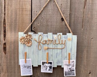 Clearance Family Picture Holder, Photo Display Wall Decor, Word FAMILY with Clothes Pin Photo Holder, Rustic Family Wall Photo Holder