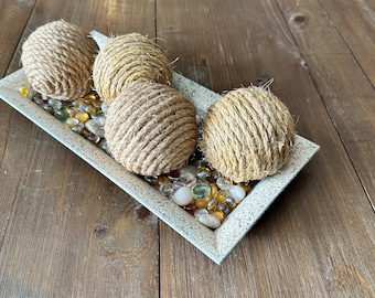 Jute Rope Wrapped Orb Set, Hand Painted Tray, Farmhouse Decor