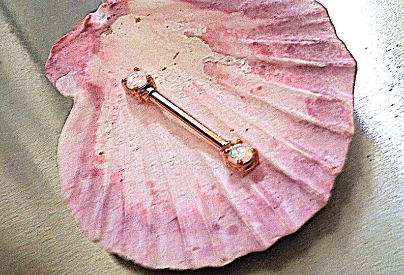 For Set Order 2. 1 White OPAL Barbell Industrial Scaffold Tongue Nipple Rose Gold Yellow Gold 316L Surgical Steel 14g