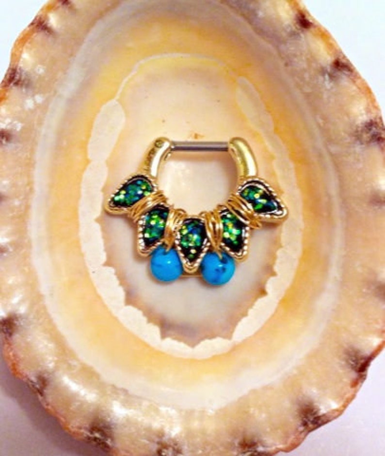 316L surgical steel bar DAITH Ring 16g Gold Black OPAL /& TURQUOISE wire wrap Septum Clicker