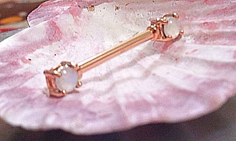 For Set Order 2. 1 White OPAL Barbell Industrial Scaffold Tongue Nipple Rose Gold Yellow Gold 316L Surgical Steel 14g