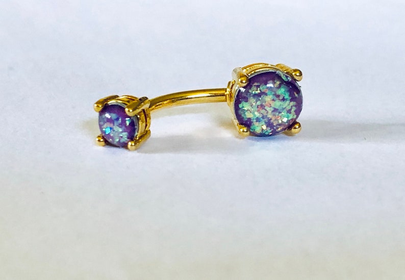 Sparkling PURPLE OPAL Belly Ring Barbell Gold Plated over 316L Surgical Steel 14g 10mm Curved Bar Basket Prong Set ball top choices