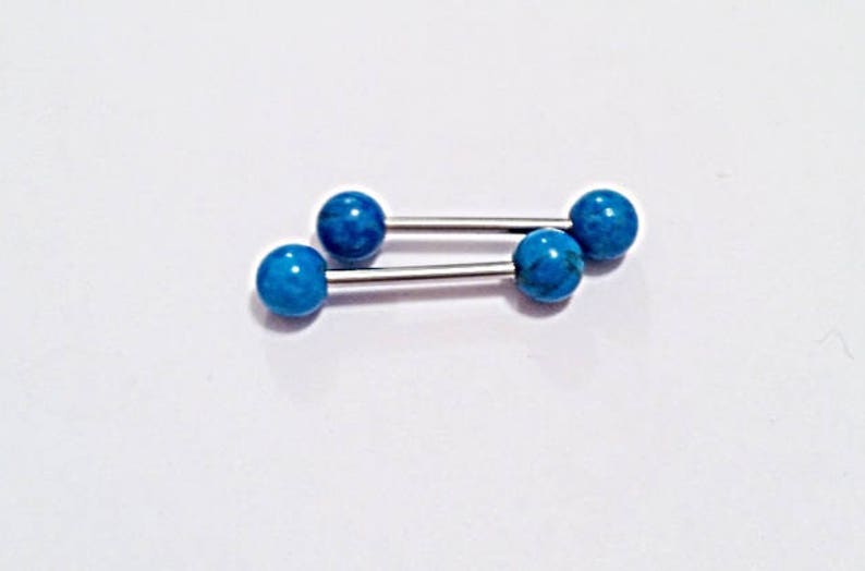 1 Barbell TURQUOISE Natural HOWLITE Barbell Industrial Scaffold Tongue Nipple Rose Gold Yellow Gold 316L Surgical Steel 14g 6mm BallEnds