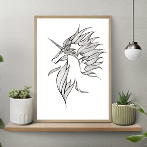 Fantasy Legendary Unicorn Art, Black and White Line Art, Printable Digital Art, Home Wall Decor