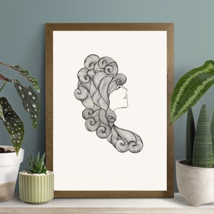Silent Girl with Sea Wave Hair, Line Art, Black and White Intricate Art, Printable Digital Art