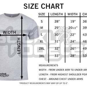 May include: Size chart for t-shirts with measurements in inches for length, width, and chest. Sizes range from S to 3XL.  The chart includes a diagram of a t-shirt with the measurements labeled.