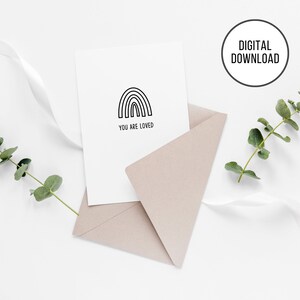 Carte de fête des mères imprimable You Are Loved, carte moderne à télécharger en noir et blanc, cartes à colorier simples pour la fête des mères des enfants