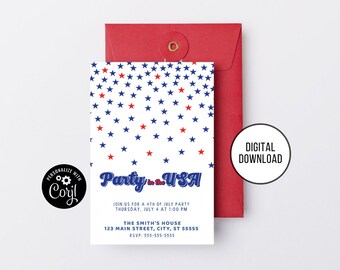 Red White and Blue 4th of July Invitation, Patriotic Party (Digital Download)