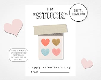 Printable Temporary Tattoo Kids Valentines, Classroom Valentine, Instant Download, Stuck On You