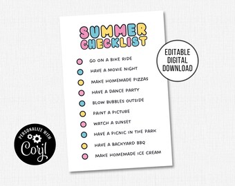 Editable Kids Summer Bucket List, Personalized Activity Checklist (Digital Download)