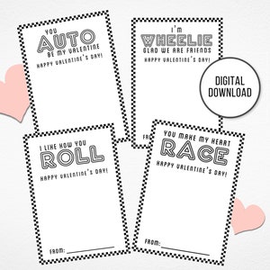 Afdrukbare raceauto Valentijnsdagkaarten, klas Valentijnsdagkaarten voor kinderen, Instant Download, Valentijnscadeau, digitale Valentijnskaarten
