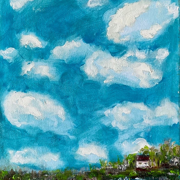 Clouds and a small house Impressionism Agricultural landscape painting, original landscape oil painting, earth sky House,
