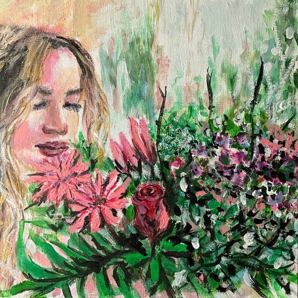 Girl with pink flowers original oil painting acrylic pink portrait flowers girl girl birthday decor