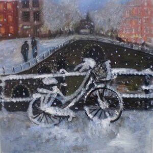 Primera nieve Pintura Kristel Tatiana Nadvornaia Bélgica Pintura, Acrílico sobre lienzo arte de pared bicicleta en la nieve Navidad invierno
