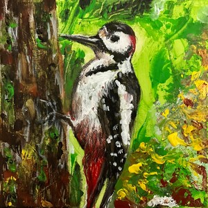 Pica-pau óleo sobre tela sobre papelão impressionismo pássaro animal floresta árvore decoração interior quarto infantil retrato personalizado verde marrom