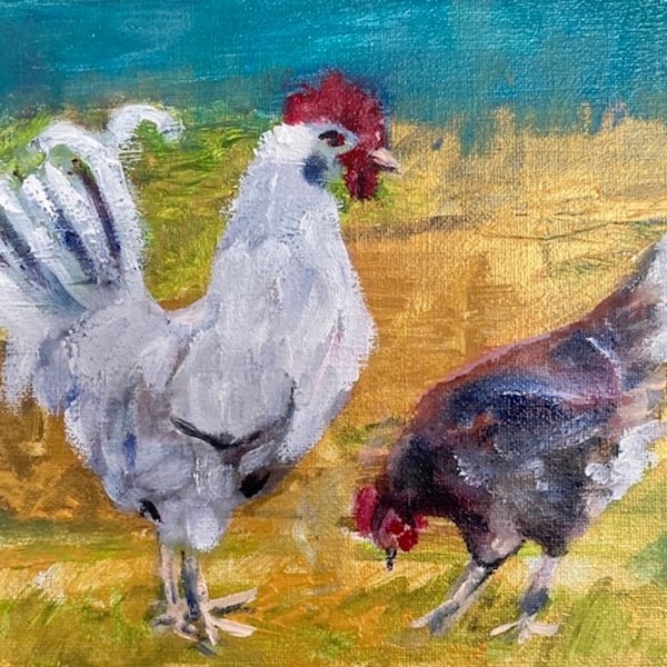 Young rooster and hen Painting gamecock colorful acrylic painting