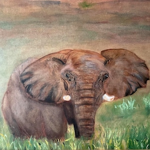 Huge Elephant painting olie canvas on cardboard decor gift brown green custom painting