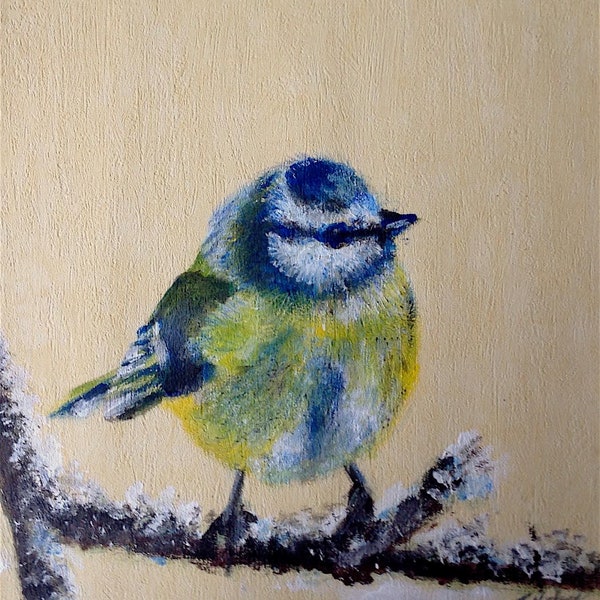 Bird art,blue tit ,original Winter Bird Wildlife pond romantic animals yellow Bird Lover - Nature Decor