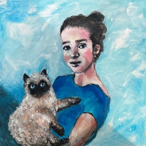 Fille et chat peinture acrylique peinture pour animaux de compagnie peinture personnalisée animal bleu Thai chat réalisme peinture originale