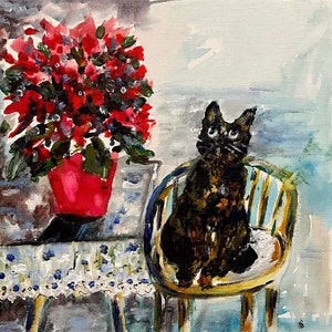 Christmas rose and cat  .  Personalized Gift, , Cat Portrait, , Pet Memorial Gift, Christmas Gift, Hand Painted Portrait