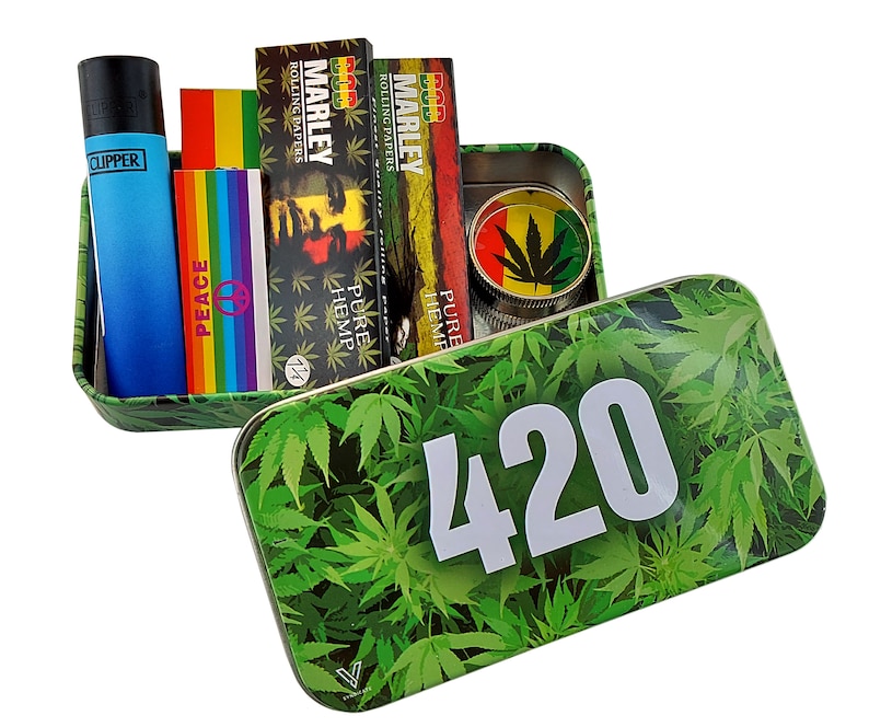 420 Leaf Tobacco Tin Case Cigarette Rolling Papers Grinder Etsy
