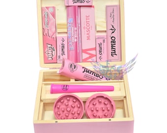 Caja grande de madera rosa con ruedas, tamaño T3, Elements Mascotte, Juicy Jays, soporte para conos de liar, personalizable, hecho a mano.