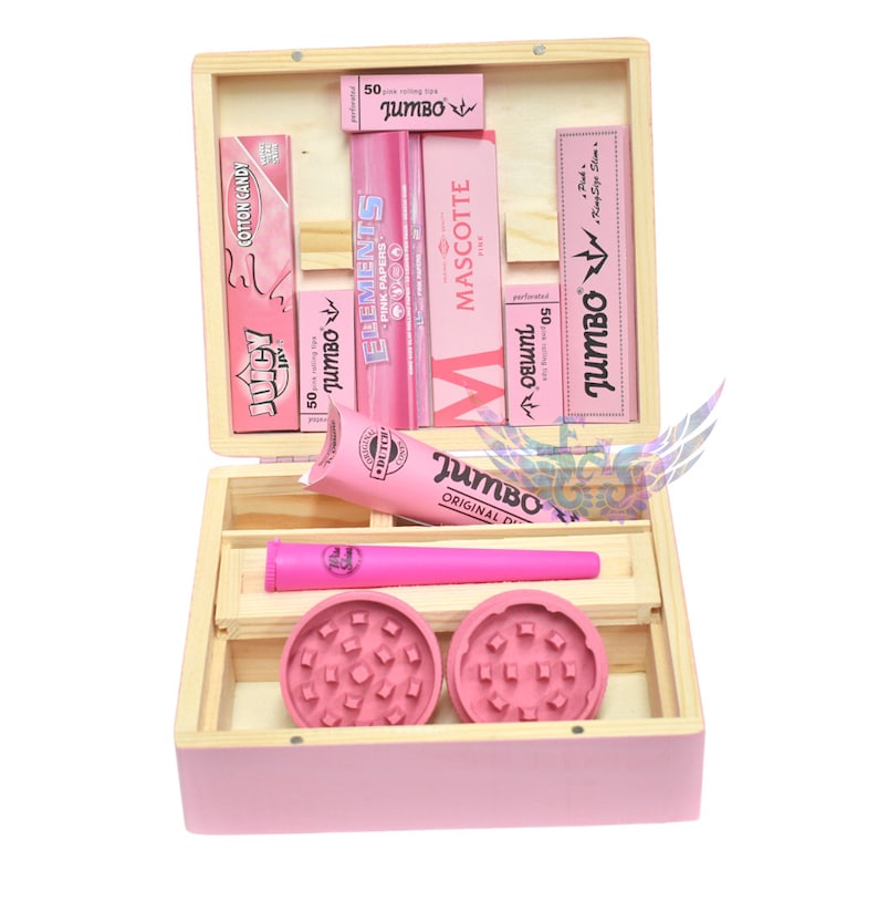 Caja grande de madera rosa con ruedas, tamaño T3, Elements Mascotte, Juicy Jays, soporte para conos de liar, personalizable, hecho a mano. imagen 1