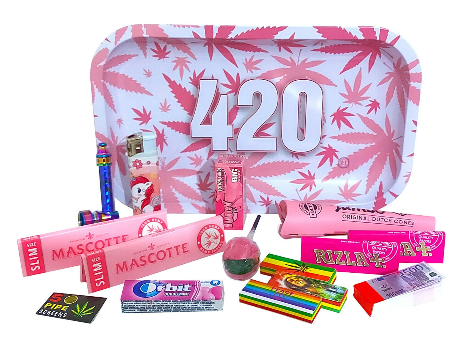 Pink 420 Leaf Metal Rolling Tray Gift Set Mascotte Rizla Etsy