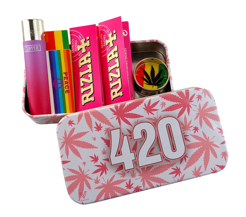 420 Leaf Tobacco Tin Case Cigarette Rolling Papers Grinder Etsy