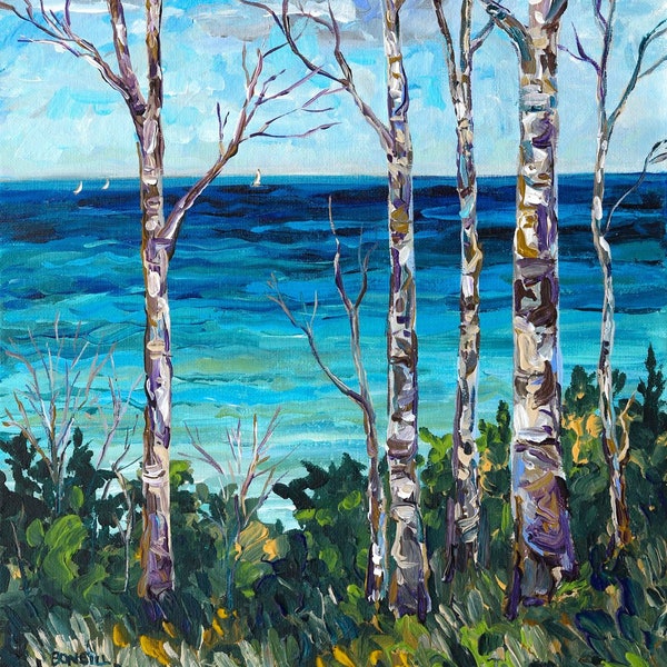 Michigan Birch, Tunnel of Trees, M119, Birch Trees, Michigan Art, Lake Life, Beach Art, Sailboats, Lake Michigan, Betsy ONeill