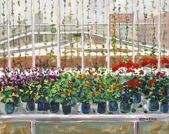 Downtown Market, Grand Rapids art, Greenhouse in winter, Red Geraniums, Snow, Cityscape, City Garden, Betsy ONeill, Michigan art,