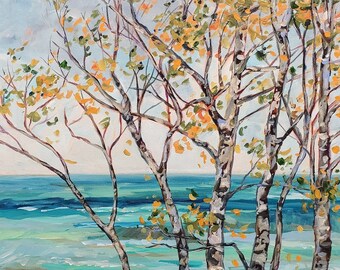 Original Painting: "Eagle River" Birch Tree, Lake Superior, Eagle Harbor, Copper Harbor, Betsy ONeill, Michigan Art