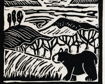 Mindful, Sleeping Bear Inspired Linocut, Giclee Fine Art Print