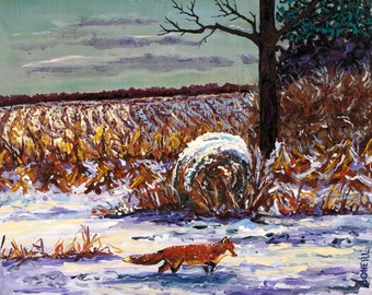 Michigan Woodland, Winter, Fox, Farm, Landscape, Moon, Nature, Woods, Solstice, Fox Painting, Giclee, Betsy ONeill, Michigan Art