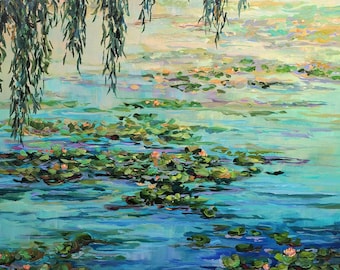 Original Painting, "Willow Dance", waterlily painting, lotus, willow tree, lake painting, Michigan Art, Betsy ONeill