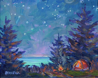 Solitude, Camping, Campfire Art, Tent, Michigan Art, Lake Michigan, Betsy ONeill,