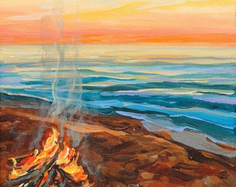 Beach Bonfire, Campfire, Sunset, Michigan, Adventure, Night Art, Camping Art, Betsy ONeill,
