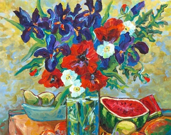 If Vincent Came to Lunch, Watermelon Picnic, Still Life, Poppies, Iris, Pears, Betsy ONeill