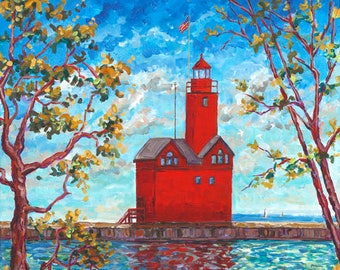 Big Red, Holland Michigan, Holland State Park, Ottawa Beach, Lighthouse, Reproduction Print, Betsy ONeill, Michigan Art