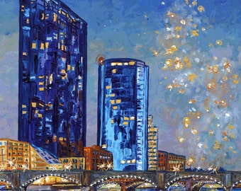 Celebrate Grand Rapids, Starry Night, Grand River, Downtown Lights, Grand Rapids, Betsy ONeill, Michigan art, Michigan artist