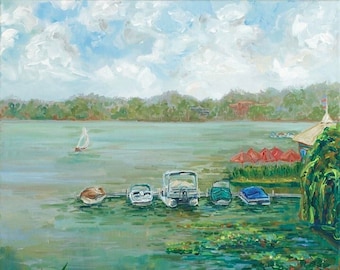 Original Painting: "Lake Life" Boat Painting, Lake Michigan, East Grand Rapids, Waterlilies, Betsy ONeill, Michigan Art