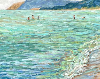 Original Acrylic Painting: "Swimmers at Empire Beach" Lake Michigan, Sleeping Bear Dunes, Betsy ONeill,  Art,