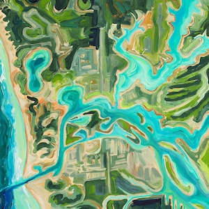 Vue aérienne, Grand Haven, Spring Lake, Ferrysburg, carte aérienne, art aérien, Grand River, Betsy ONeill, art du Michigan, carte du Michigan,