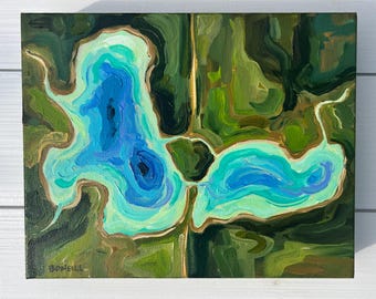 Original Painting: Aerial Lake Cadillac (8x10 canvas) Michigan Map, Topography, Michigan Lakes, Betsy ONeill