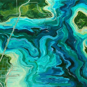 Aerial Bridge and Island of Mackinac, Mighty Mac, Aerial Map, Michigan Art, Aerial Art, Betsy ONeill
