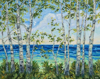Lake Breeze, Limited Edition, Reproduction Print, Birch Painting, Michigan artist, Woods, Lake Painting, Betsy ONeill