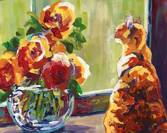 Window Seat, Orange Cat, Sunny Cat, Flowers in a Vase, Still Life Painting, Betsy ONeill, Cat Painting