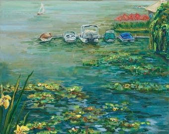 Lake Life, Sail Boat, Pontoon, Waterlilies, Boats, Roses Restaurant, Reeds Lake, East GR, Betsy ONeill, Michigan Art