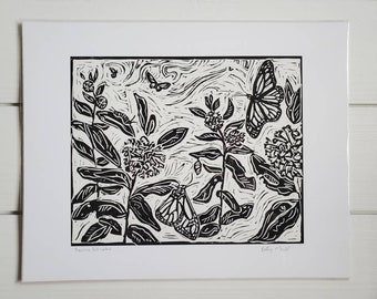 Pollinators, Butterfly, Monarch, Linocut, Fine Art Print