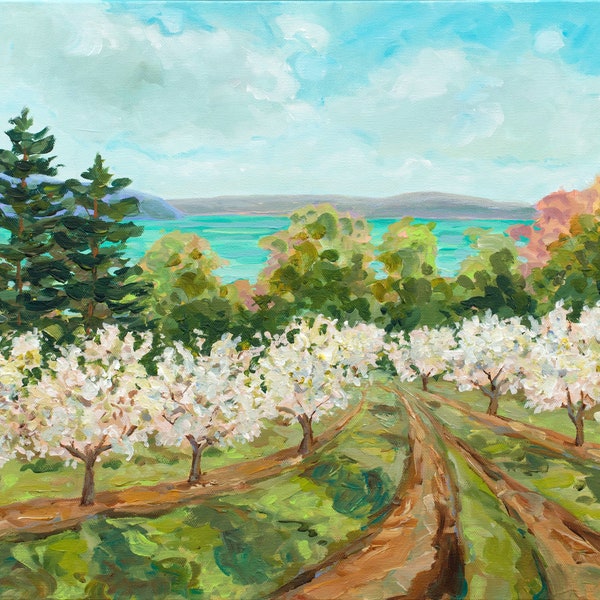 Sutton's Bay View, Limited Edition Print, Leelanau, Leland, Old Mission, Cherry Trees, Orchard, Cherry blossom, Michigan art, Betsy ONeill,
